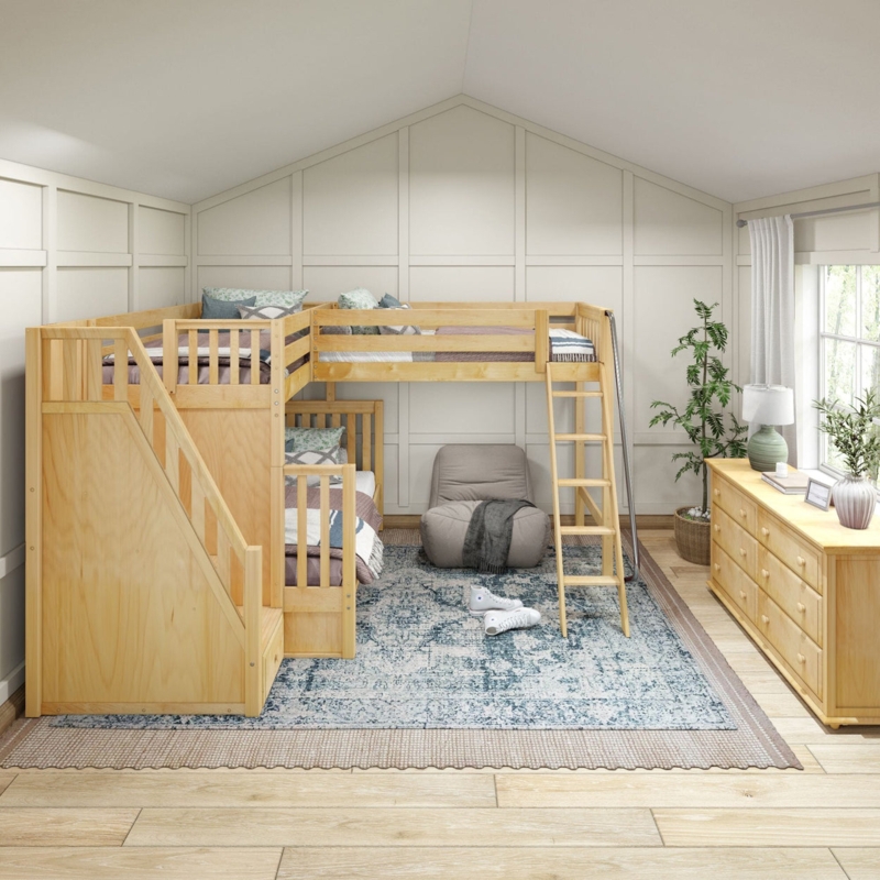 Natural Wood Triple Loft Bunk Bed with Integrated Storage Stairs