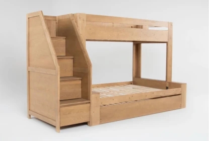 Natural Wood Twin over Full Bunk Bed with Stairway Drawers and Trundle