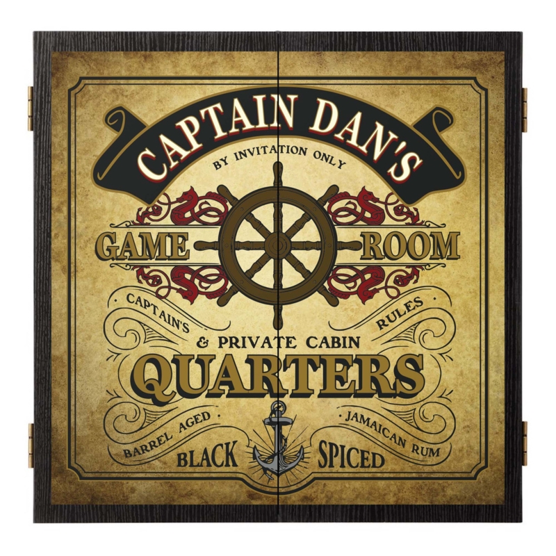 Nautical Dartboard Cabinet with Ship Wheel Graphic and Parchment Texture