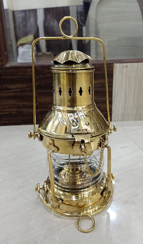Nautical Lantern Polished Brass Ribbed Glass Vented Chimney