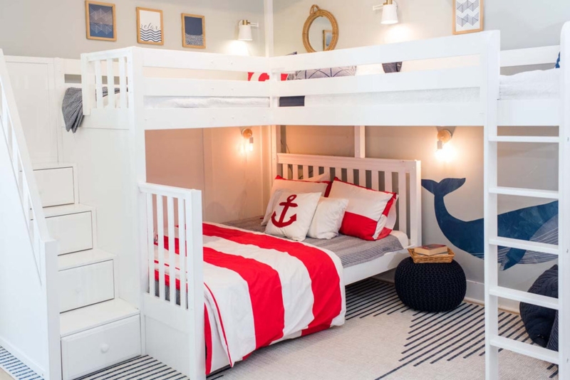 Nautical Triple Bunk Bed L-Shaped White Stairs Storage