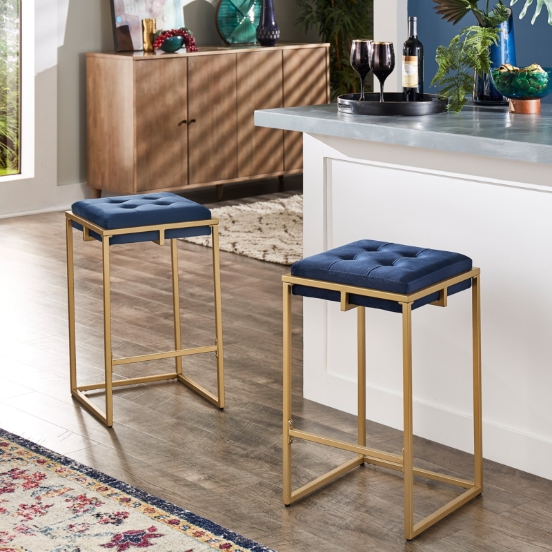 Navy Blue Backless Bar Stool with Tufted Seat and Gold Metal Frame