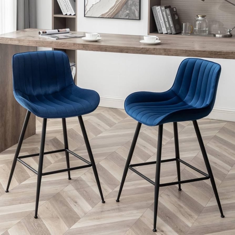 Navy Blue Bar Stool with Channel Tufting and Bucket Seat Design