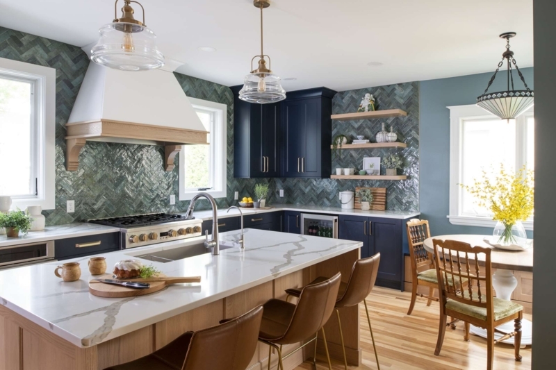 Navy Blue Kitchen Island with Green Herringbone Backsplash