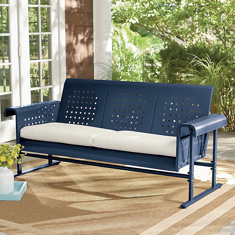 Navy Blue Patio Bench Glider with Square Perforations and Unique Sled Legs