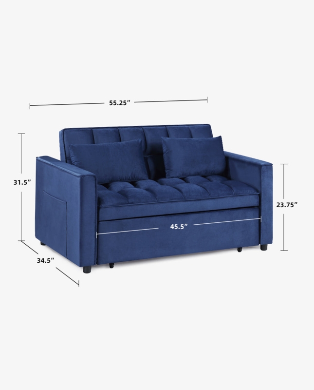 Navy Blue Sleeper Loveseat with Grid Tufted Velvet Seat