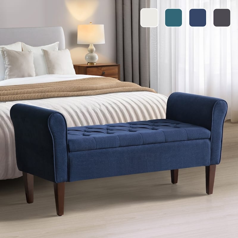Navy Blue Storage Bench with Rolled Arms and Mid-Century Tapered Legs