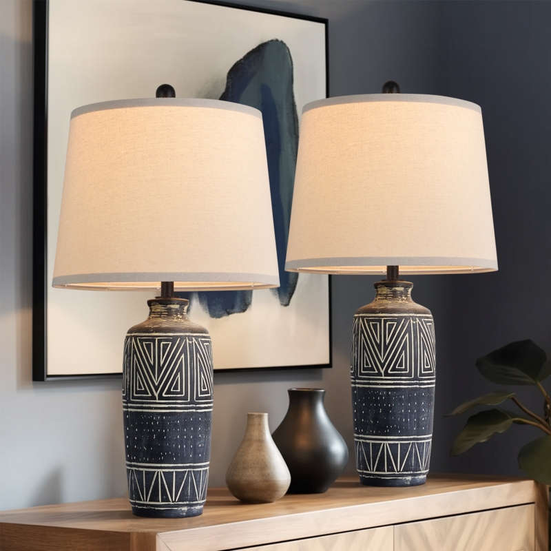 Navy Blue Tribal Table Lamp Set with Carved Geometric Ceramic Base