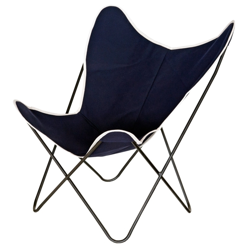 Navy Butterfly Sling Chair with White Contrast Piping and Wire Frame