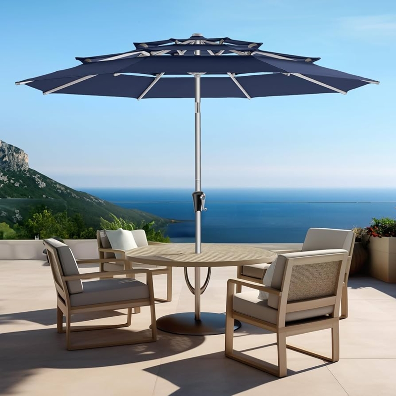 Navy Patio Umbrella Triple Tier Vent Aluminum Pole Crank Lift Modern