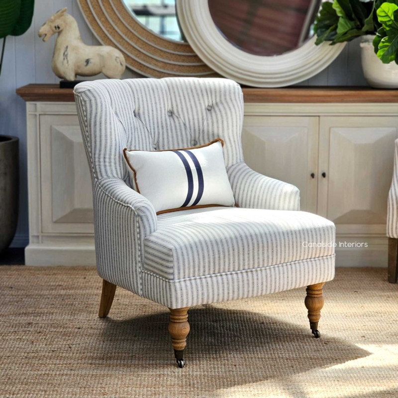 Navy Pinstripe Accent Chair, Button Tufting, Ball Casters, Turned Legs