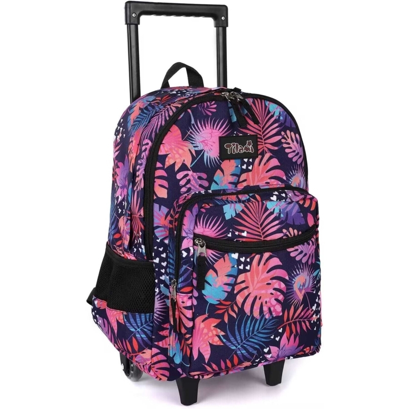 Navy Rolling Backpack with Tropical Botanical Leaf Print
