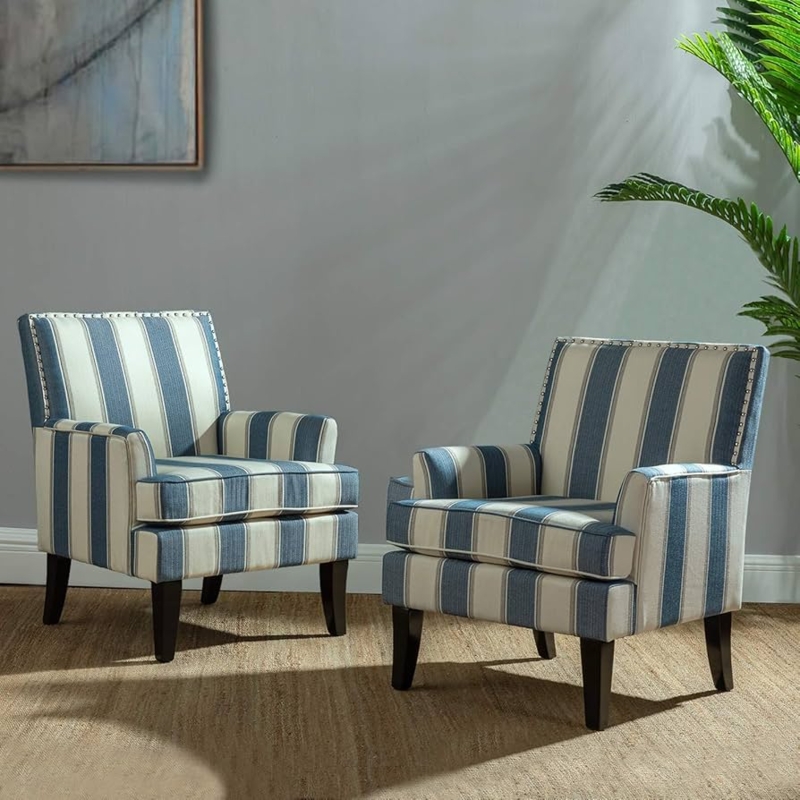 Navy Stripe Accent Chairs Set of 2, Nailhead Trim, High Back