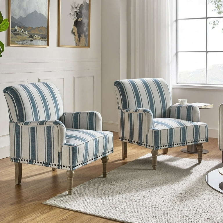 Navy Stripe Accent Chairs Set of 2, Nailhead Trim, Turned Legs