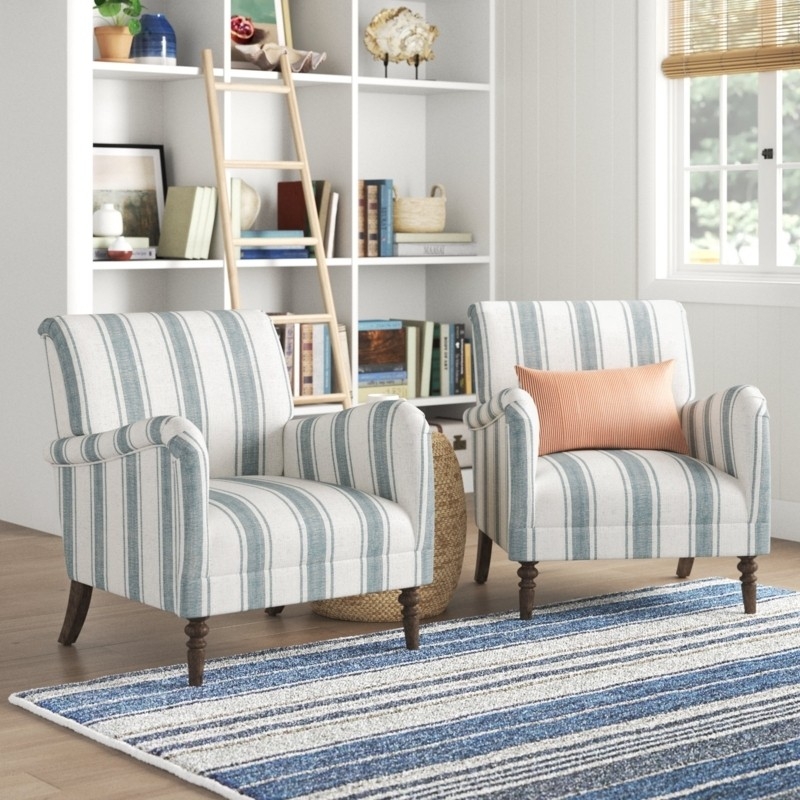 Navy Stripe Accent Chairs Set of 2, Turned Legs, Tight Back Coastal