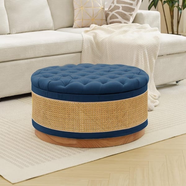 Navy Tufted Storage Ottoman with Rattan Cane Inlay