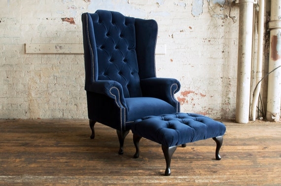 Navy Velvet Wingback Chair & Ottoman Set with Silver Nailhead Trim