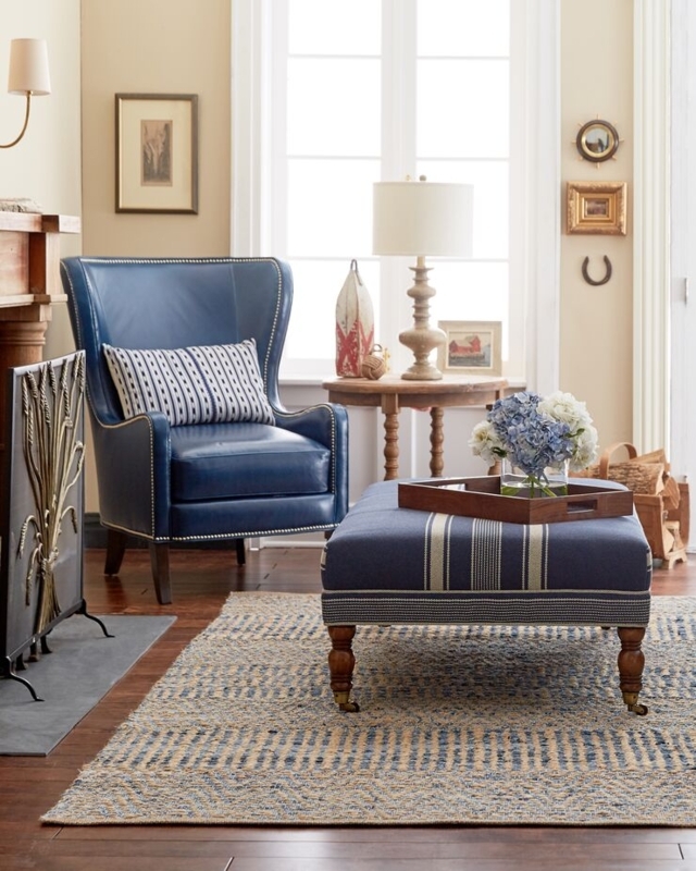 Navy Wingback Chair Nailhead Trim Brass Casters Traditional Style