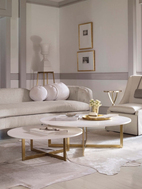Nesting Cocktail Table: Round Stone Top Gold Cross Base