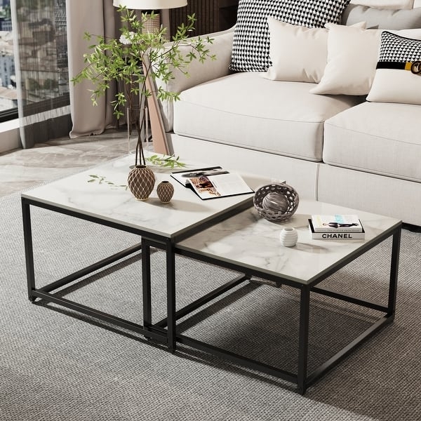 Nesting Coffee Table: Set of 2 Square Stone Black Frame