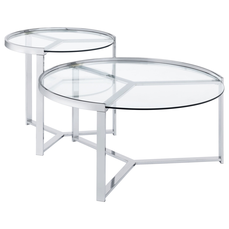 Nesting Coffee Table Set Round Glass Chrome Radial Frame