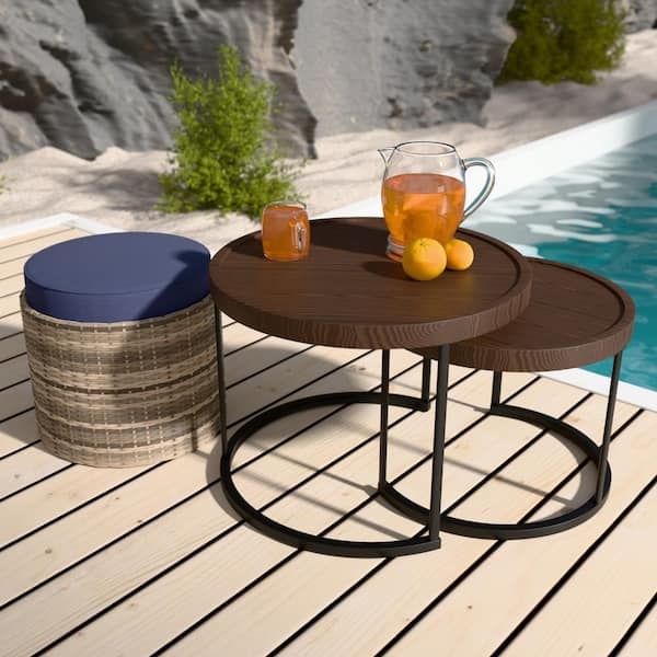 Nesting Coffee Table Set Wicker Ottoman Blue Cushion Metal