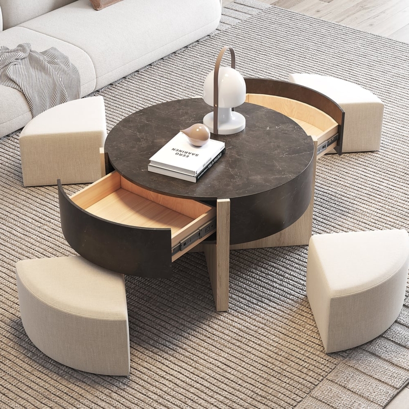 Nesting Coffee Table with Integrated Drawers, Charcoal Stone-Like Top