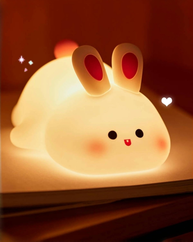 Night Light Squishy Silicone Bunny with Red Accents for Nursery