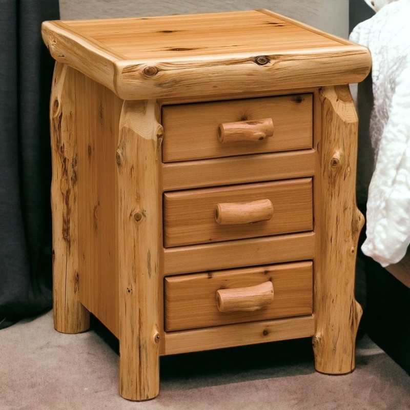 Nightstand Cedar Log Three Drawers Log Handles Rustic Cabin Style