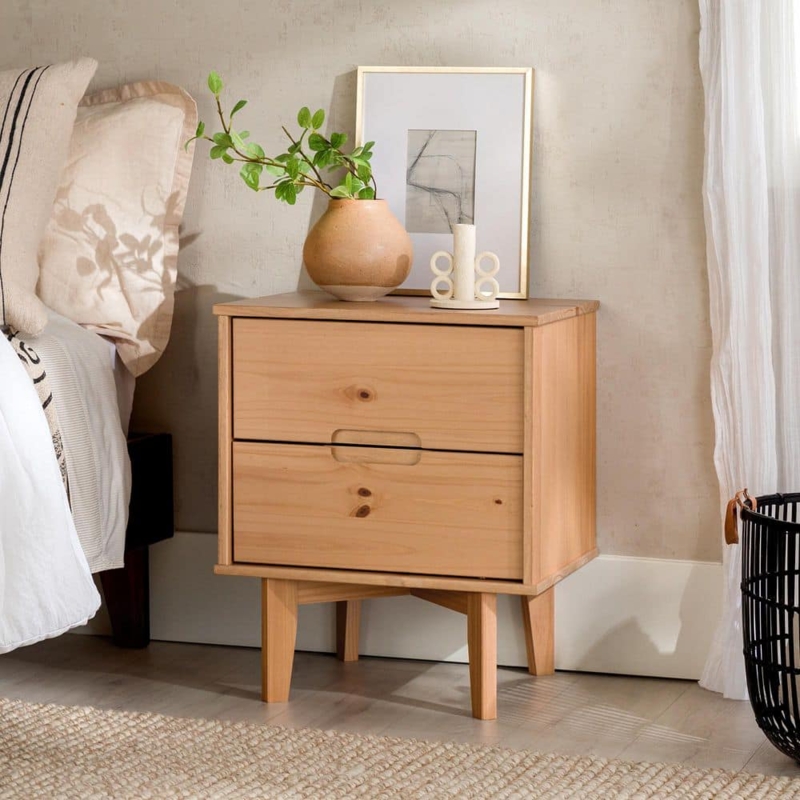 Nightstand Natural Pine Recessed Pulls Tapered Legs Mid-Century Modern