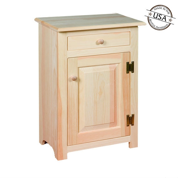 Nightstand Pine Raised Panel Door Exposed Brass Hinges Single Drawer
