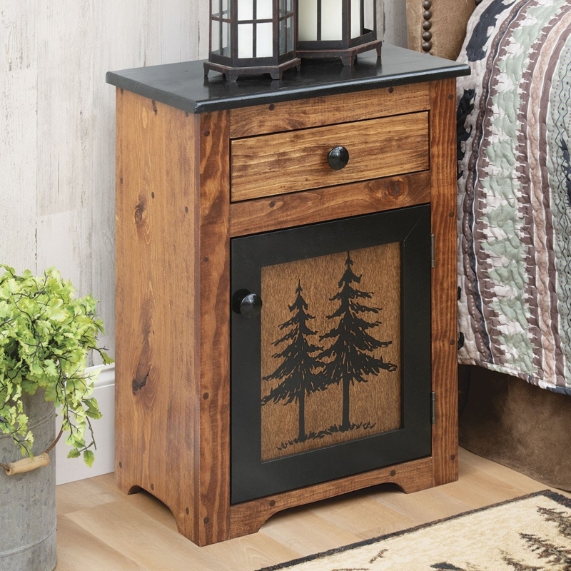 Nightstand Rustic Pine Tree Graphic Black Top Arched Base Cabin Style