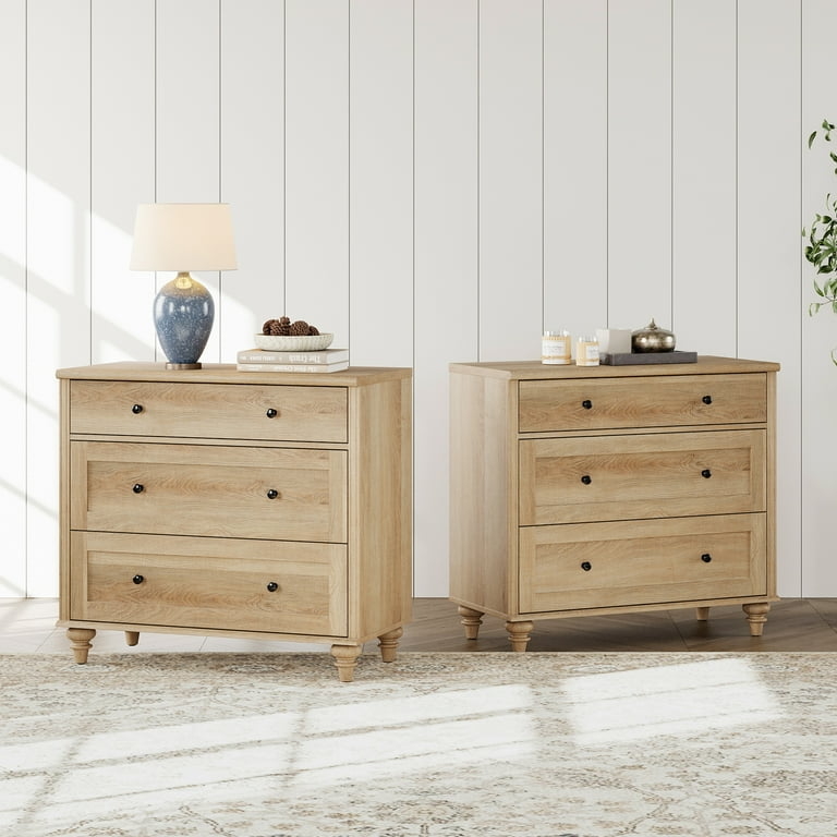 Nightstand Set Light Oak Turned Legs Three Drawers