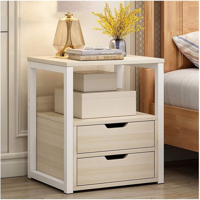Nightstand with Cutout Handles White and Light Oak Open Shelf