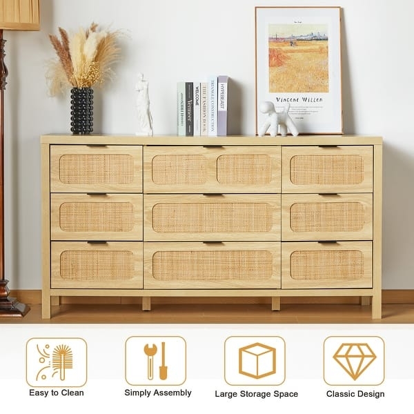 Nine-Drawer Dresser Chest with Light Oak Frame and Woven Fronts
