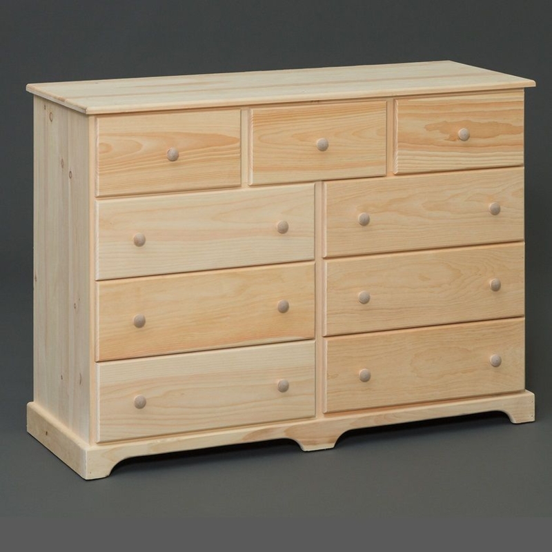 Nine-drawer wooden chest with arched base in unfinished pine