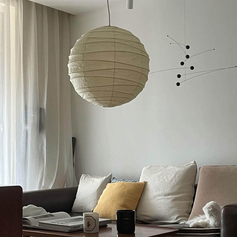 Noguchi Style Paper Lantern Spherical Pendant Ribbed Texture