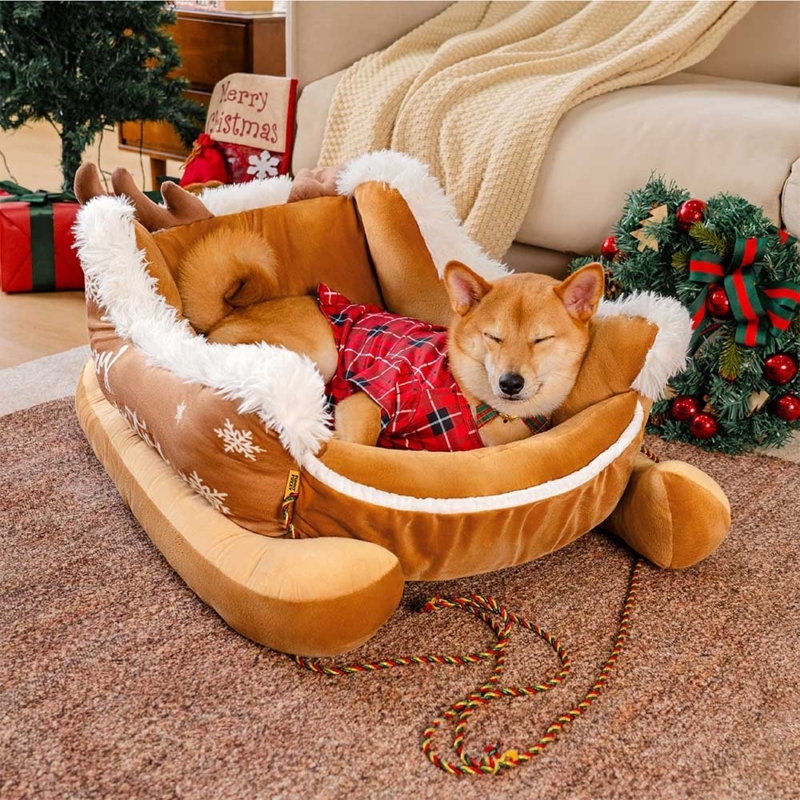 Novelty Dog Bed Sleigh Shape Reindeer Antlers Festive