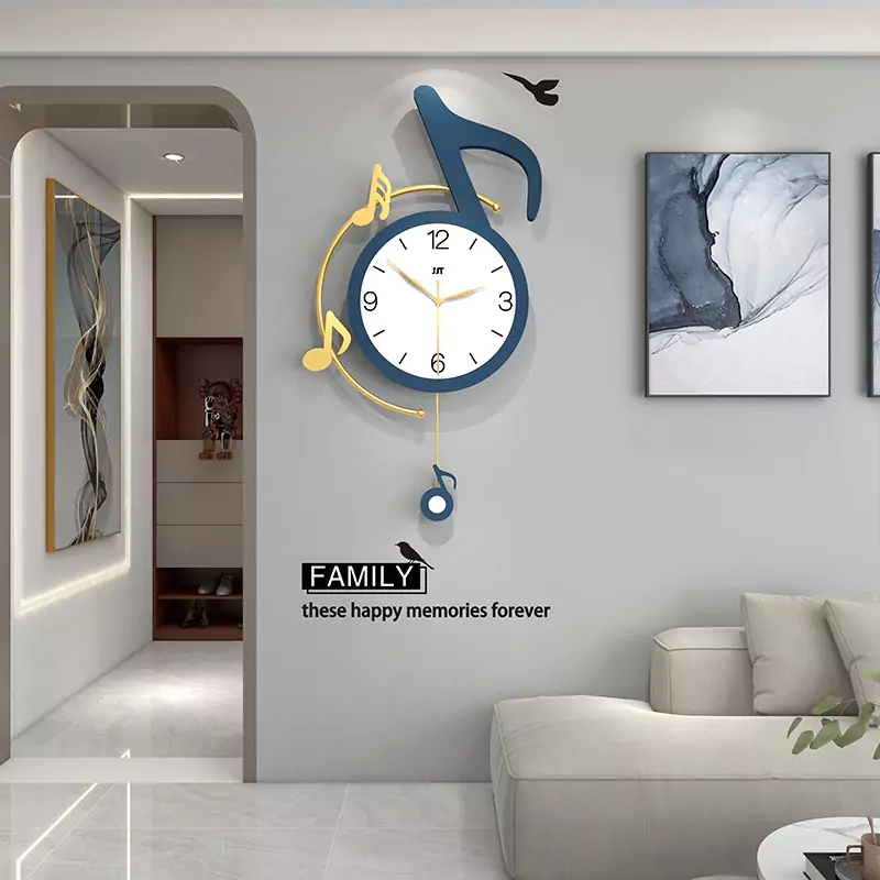 Novelty Wall Clock Musical Note Shape Navy Gold Pendulum Swing