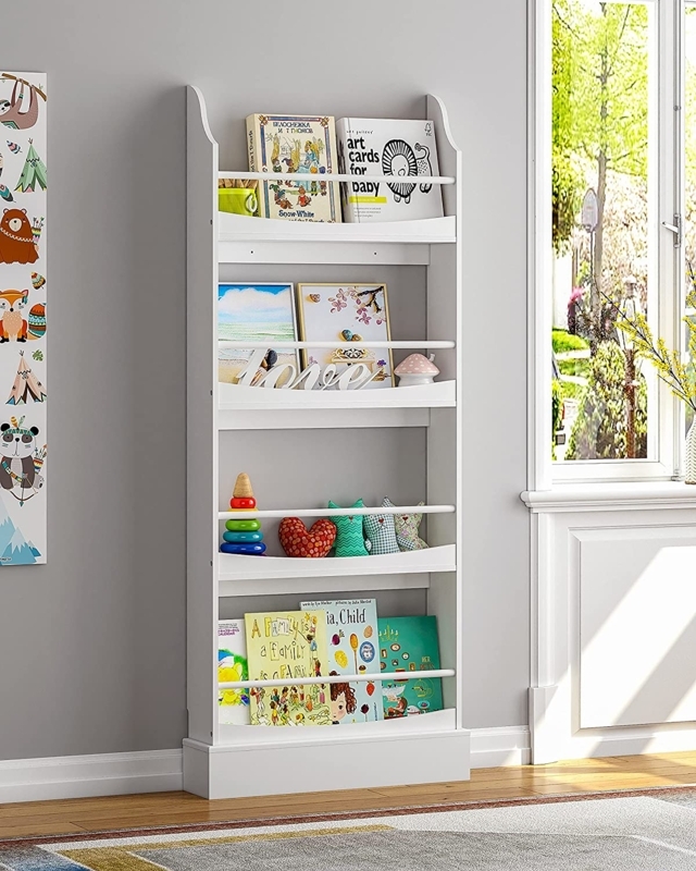 Nursery Bookshelf 4-Tier Scalloped Sides, Front Facing Display.