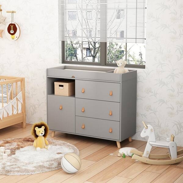 Nursery Dresser, Matte Gray, Open Cubby, Cabinet Door, Leather-Like Pulls