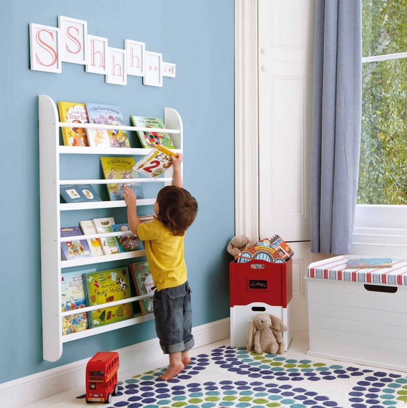 Nursery Wall Library Crisp White Multi-Tier, Wall Anchored Safety.