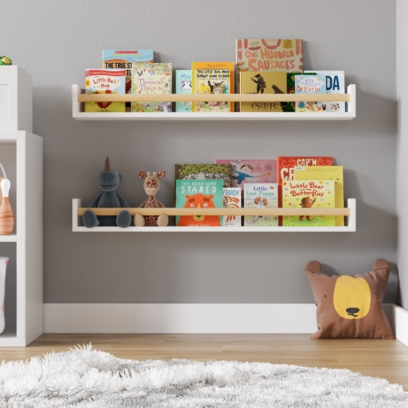 Nursery Wall Shelf Set of 2 with Wood Toned Rail.