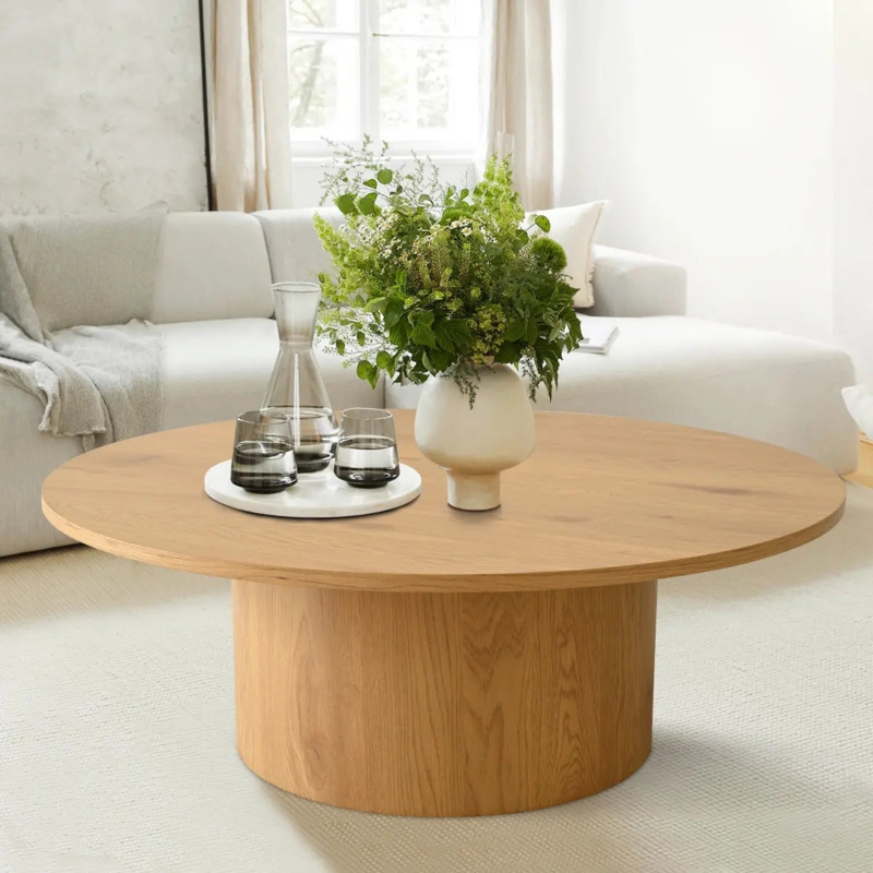 Oak Brown Coffee Table with Thick Cylindrical Pedestal Base