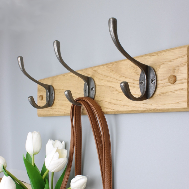 Oak Coat Rack, Schoolhouse Hooks. Farmhouse industrial entryway organizer.