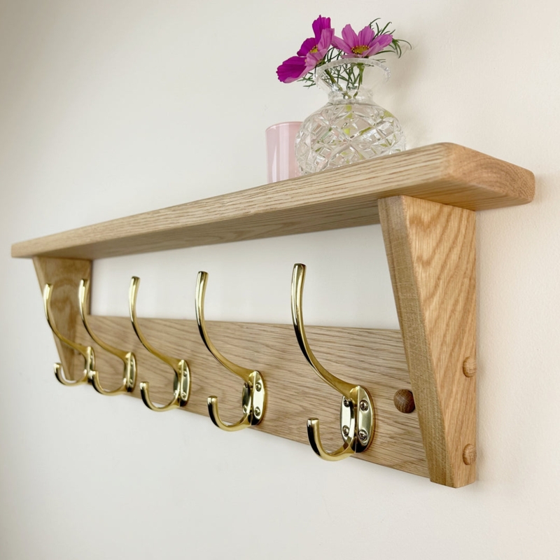 Oak Coat Rack Shelf, Polished Brass Hooks. Scandi-inspired entryway.