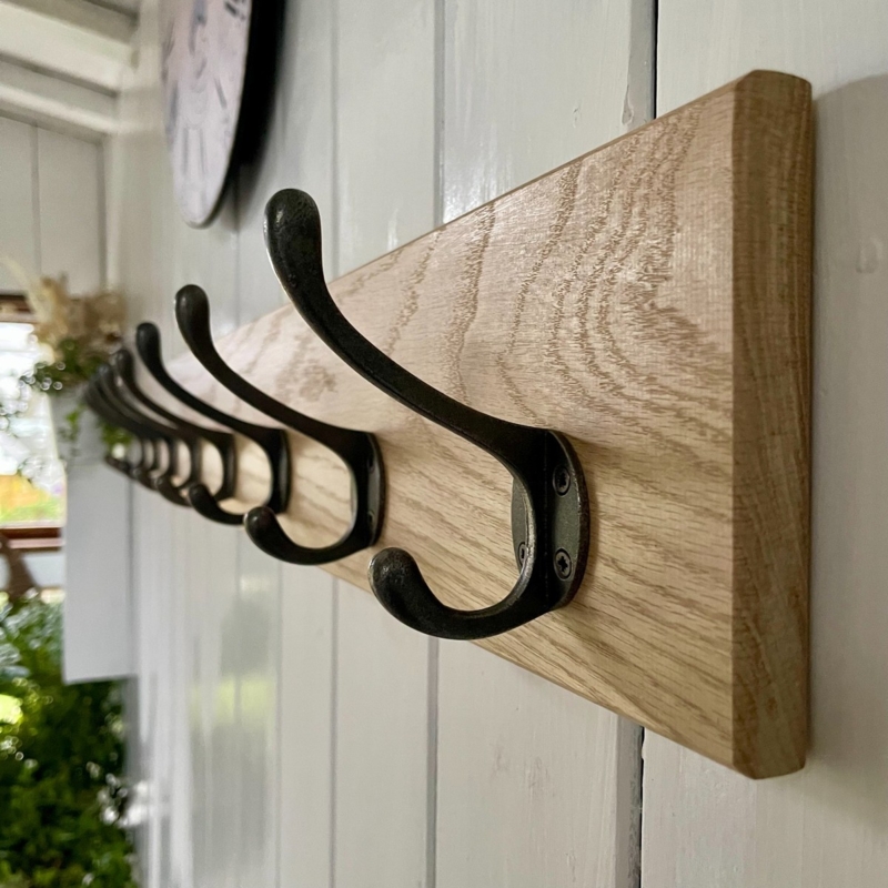 Oak Coat Rack, Victorian Cast Iron Hooks. Vintage farmhouse organizer.