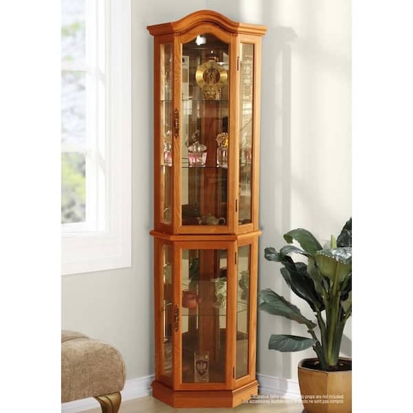 Oak Curio Cabinet Arched Top Angled Sides Mirrored Back Lighted