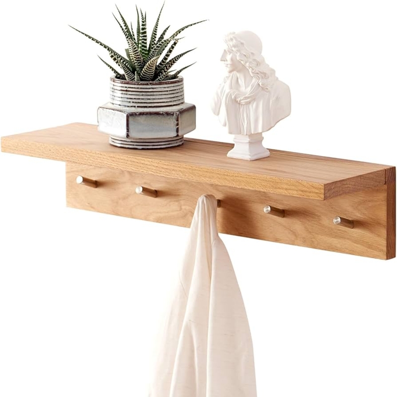 Oak Floating Shelf Rack, Brushed Pegs. Scandinavian floating organizer.