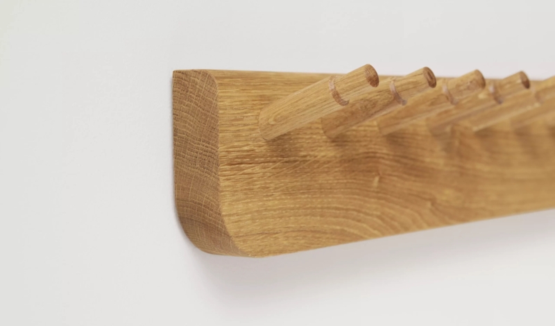 Oak Peg Rail, Angled Pegs. Scandinavian entryway organizer.